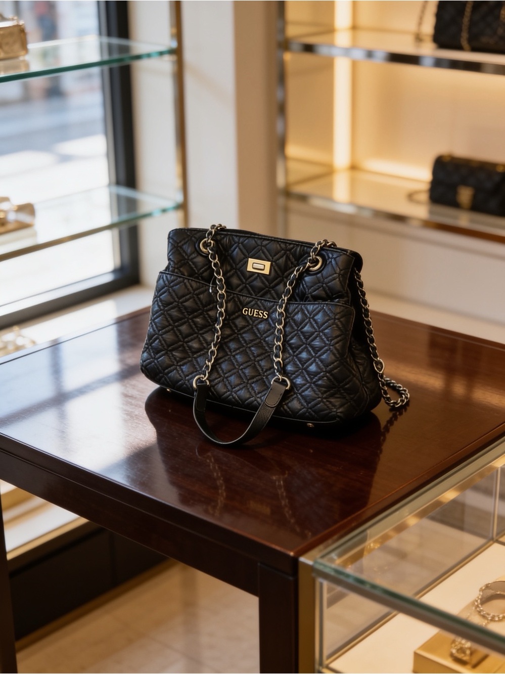 GUESS Black Quilted Shoulder Bag with Gold Chain Straps